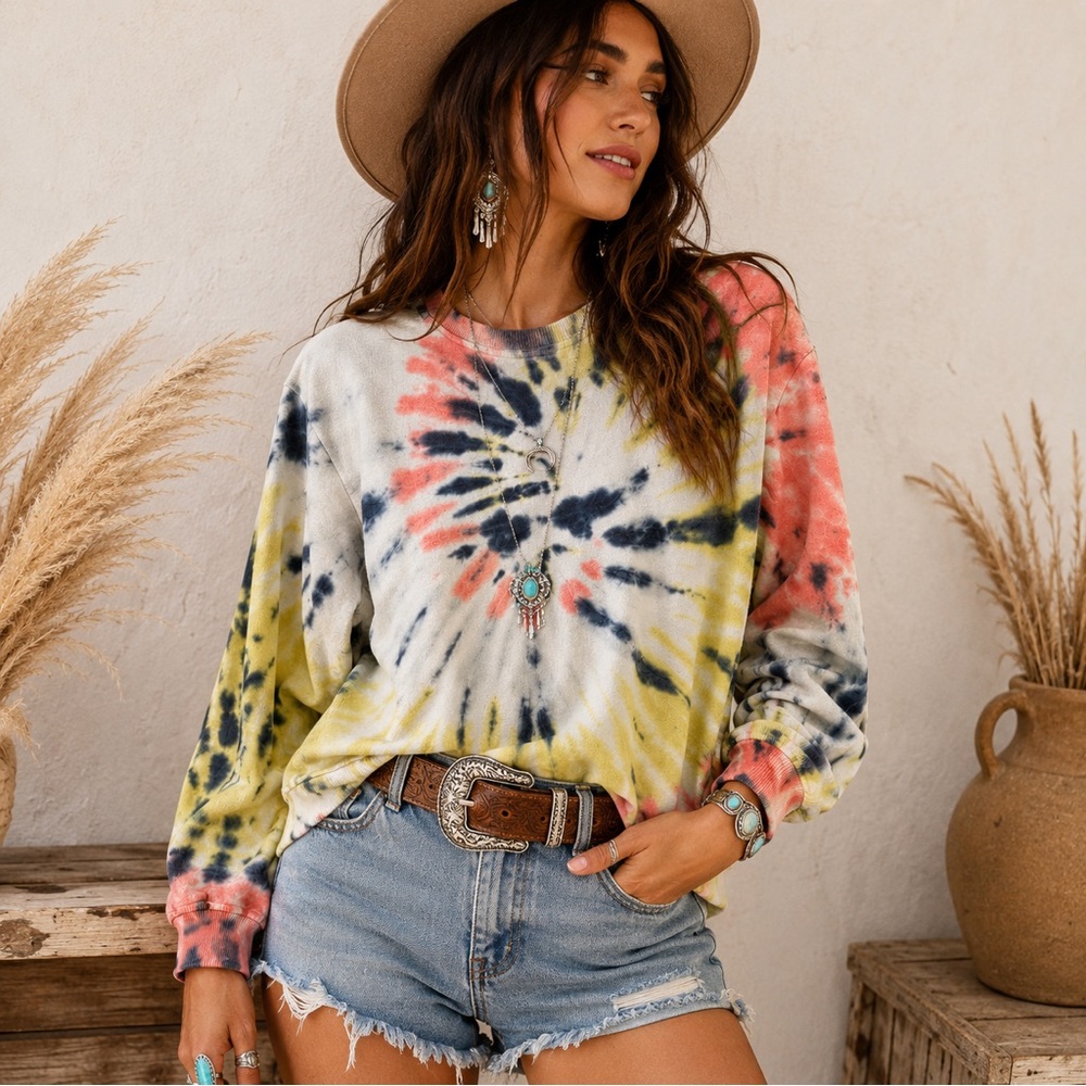 Jane & Delancey Tie Dye Crewneck Sweatshirt Medium Pink Yellow Blue Pullover Med
